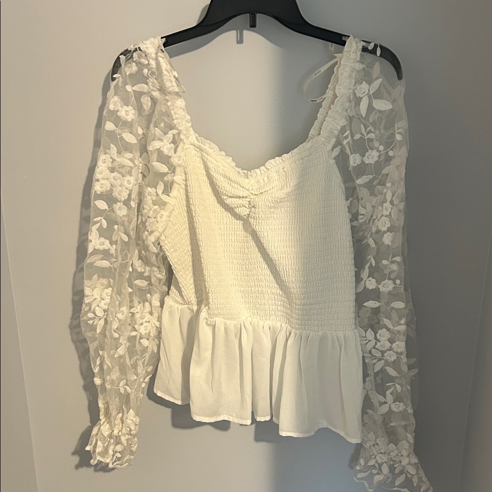 ARULA Cream Peplum Blouse with Smocked Long Sleeves
